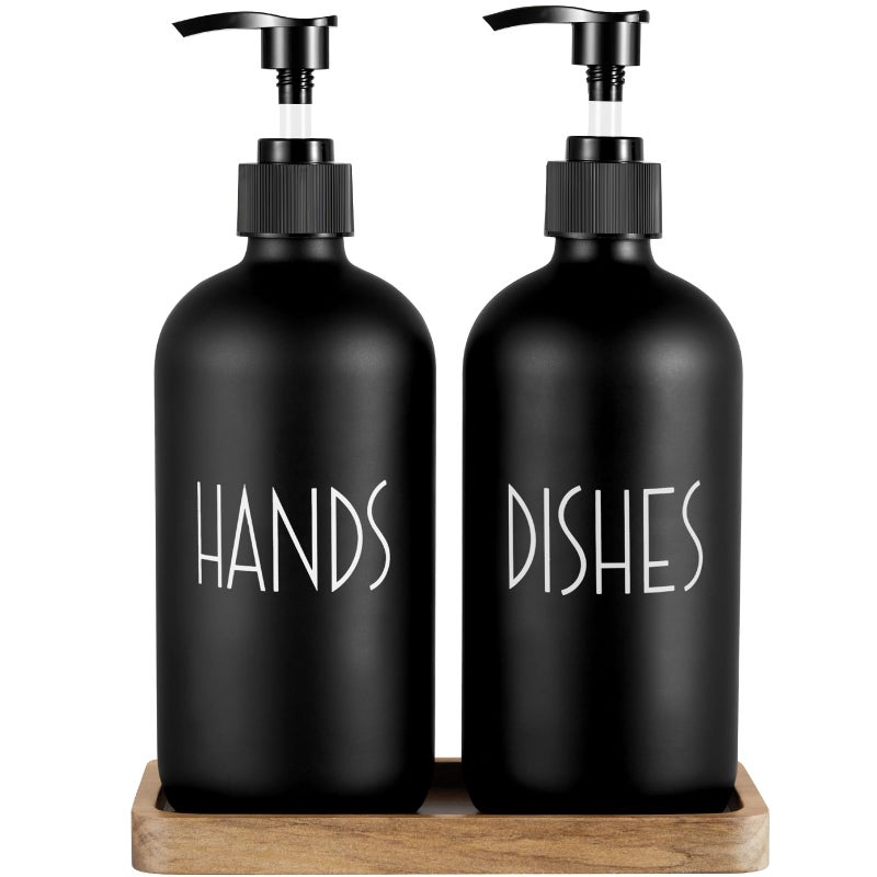 ALELION Black Dish Soap Dispenser Set for Kitchen - 16 OZ Hand Soap Dispenser with Pump and Acacia Wood Tray - for Black Kitchen Decor and Accessories - Image 1
